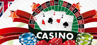 Ordet casino omgivet av spelkort, rouletthjul, spelmarker och tärningar